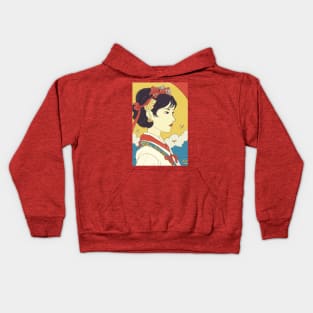 Woman wearing kimono and red bow Kids Hoodie